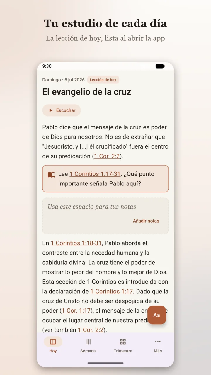 Pantalla de la lección de hoy en la app