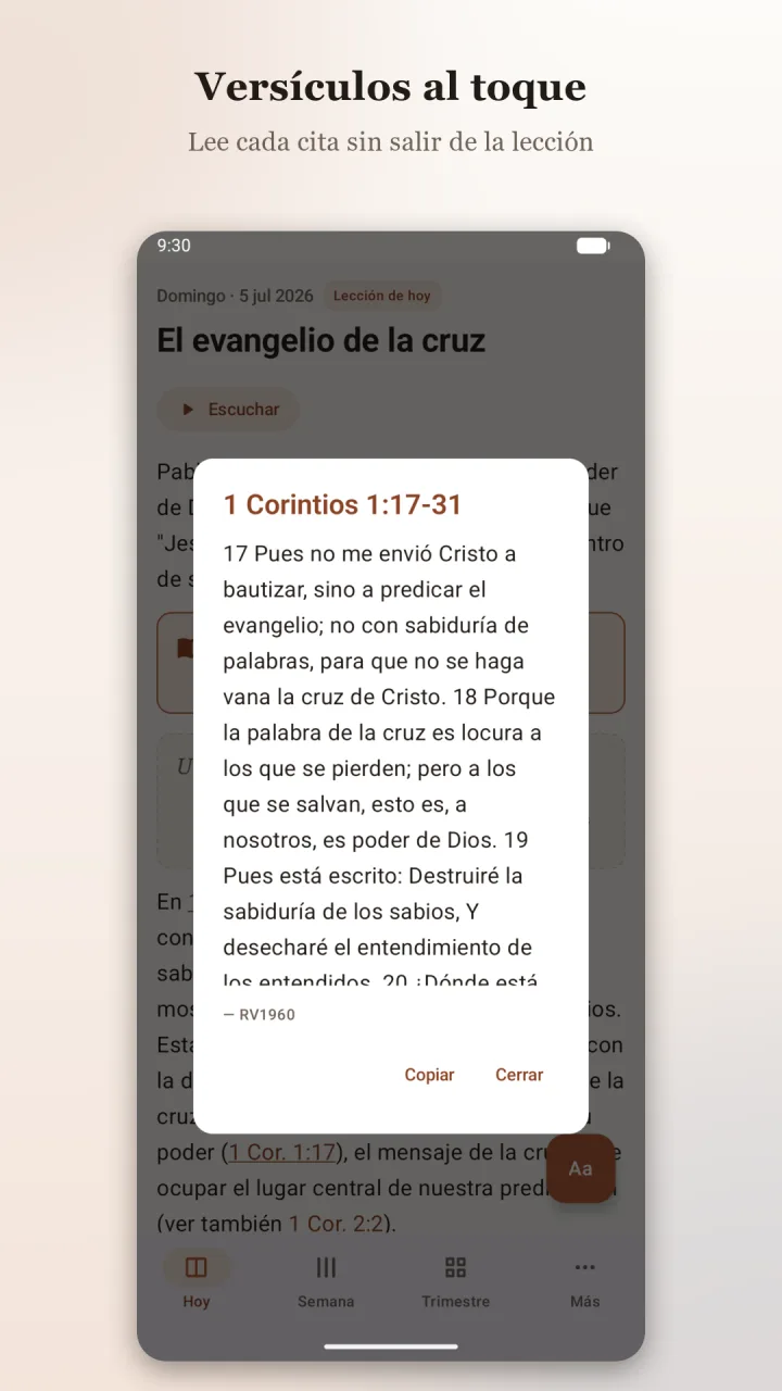Versículo bíblico mostrado con un toque